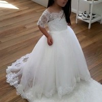 Short Sleeve Lace Applique Cute Wedding Girl Dress Flower Girl Dress Foraml Occasion Kids Clothing Princess Dress,136 - Thumbnail 1