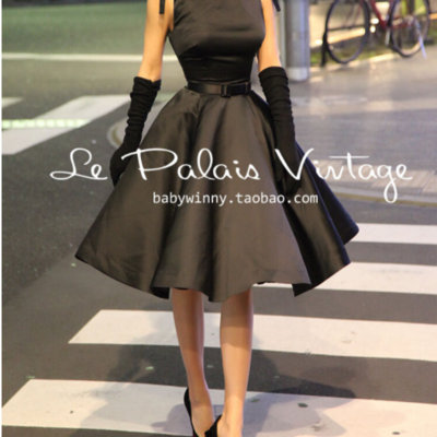 Vintage black short prom dress, satin a-line classic hofn party dress,139 - Thumbnail 5