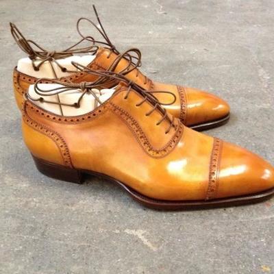 Handmade captoe beautiful design tan leather shoes for men