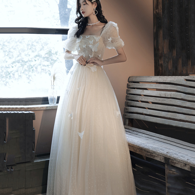 Champagne tulle long prom dress a line evening dress - Thumbnail 4