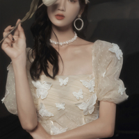 Champagne tulle long prom dress A line evening dress - Thumbnail 1