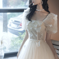 Champagne tulle long prom dress A line evening dress - Thumbnail 3