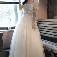 Champagne tulle long prom dress A line evening dress - Thumbnail 4