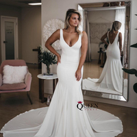 Elegant Ivory V-Neck Mermaid Soft Satin Wedding Dress Evening Gown With Long Train,147 - Thumbnail 1