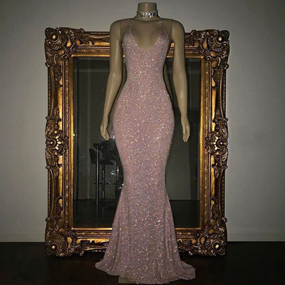 Rose Pink Sequin Prom Dress 2021 Mermaid Sleeveless Evening Gown Long Spaghetti Strap,150