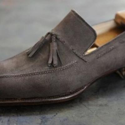 New handmade men grey suede tassels loafer beautifully stitched shoes - Thumbnail 4
