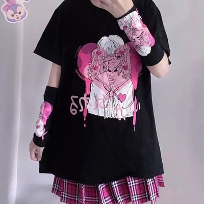 Cute Black Punk Goth Anime Girl Cartoon Print Short Sleeve Shirt Oversized Loose T-shirt Tee Top E-Girl Kawaii Korean Japanese Harajuku Streetwear