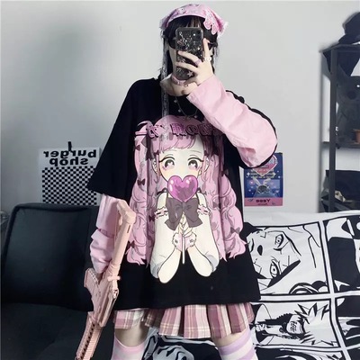 Cute Aesthetic Black Anime Girl Cartoon Print Short Sleeve Shirt Oversized Loose T-shirt Top Goth E-Girl Kawaii Korean Japanese Harajuku Streetwear