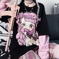 Cute Aesthetic Black Anime Girl Cartoon Print Short Sleeve Shirt Oversized Loose T-shirt Top Goth E-Girl Kawaii Korean Japanese Harajuku Streetwear - Thumbnail 2