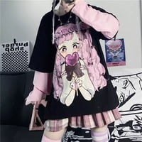 Cute Aesthetic Black Anime Girl Cartoon Print Short Sleeve Shirt Oversized Loose T-shirt Top Goth E-Girl Kawaii Korean Japanese Harajuku Streetwear - Thumbnail 3