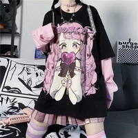 Cute Aesthetic Black Anime Girl Cartoon Print Short Sleeve Shirt Oversized Loose T-shirt Top Goth E-Girl Kawaii Korean Japanese Harajuku Streetwear - Thumbnail 4