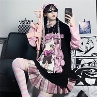 Cute Aesthetic Black Anime Girl Cartoon Print Short Sleeve Shirt Oversized Loose T-shirt Top Goth E-Girl Kawaii Korean Japanese Harajuku Streetwear - Thumbnail 6