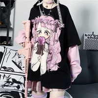 Cute Aesthetic Black Anime Girl Cartoon Print Short Sleeve Shirt Oversized Loose T-shirt Top Goth E-Girl Kawaii Korean Japanese Harajuku Streetwear - Thumbnail 7