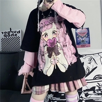 Cute Aesthetic Black Anime Girl Cartoon Print Short Sleeve Shirt Oversized Loose T-shirt Top Goth E-Girl Kawaii Korean Japanese Harajuku Streetwear - Thumbnail 8