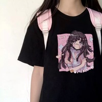 Cute Sweet Vintage Black Anime Girl Cartoon Print Short Sleeve Shirt Oversize Loose T-shirt Top Goth E-Girl Kawaii Korean Japanese Harajuku Streetwear - Thumbnail 2