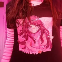 Cute Sweet Vintage Black Anime Girl Cartoon Print Short Sleeve Shirt Oversize Loose T-shirt Top Goth E-Girl Kawaii Korean Japanese Harajuku Streetwear - Thumbnail 6