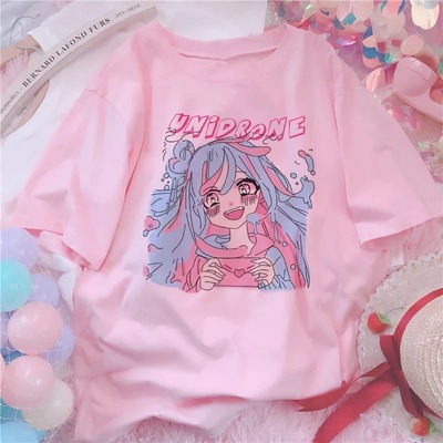 Cute Sweet Vintage Pastel Pink Anime Girl Cartoon Print Short Sleeve Shirt Loose T-shirt Top E-Girl Kawaii Korean Japanese Harajuku Streetwear