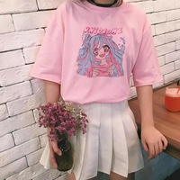 Cute Sweet Vintage Pastel Pink Anime Girl Cartoon Print Short Sleeve Shirt Loose T-shirt Top E-Girl Kawaii Korean Japanese Harajuku Streetwear - Thumbnail 1