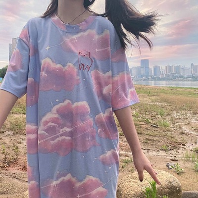Cute Pastel Aesthetics Clouds Pig Embroidery Vintage Short Sleeve Shirt Oversized Loose T-shirt Top E-Girl Kawaii Korean Japanese Harajuku Streetwear