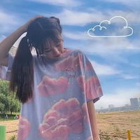 Cute Pastel Aesthetics Clouds Pig Embroidery Vintage Short Sleeve Shirt Oversized Loose T-shirt Top E-Girl Kawaii Korean Japanese Harajuku Streetwear - Thumbnail 1