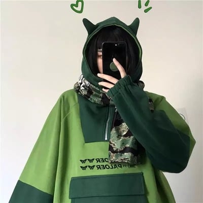 Cute Green Frog Animal Cartoon Aesthetic Long Sleeve Hoodie Sweater Sweatshirt Pullover Jumper E-Girl Kawaii Korean Japanese Harajuku Streetwear