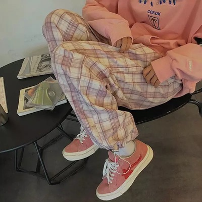 Cute pastel pink checkered plaid pants autumn punk high waisted causal loose trouser hip hop bottoms e-girl kawaii korean japanese harajuku streetwear - Thumbnail 5