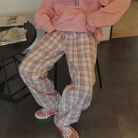 Cute Pastel Pink Checkered Plaid Pants Autumn Punk High Waisted Causal Loose Trouser Hip Hop Bottoms E-Girl Kawaii Korean Japanese Harajuku Streetwear - Thumbnail 3