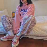 Cute Pastel Pink Checkered Plaid Pants Autumn Punk High Waisted Causal Loose Trouser Hip Hop Bottoms E-Girl Kawaii Korean Japanese Harajuku Streetwear - Thumbnail 7