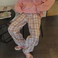 Cute Pastel Pink Checkered Plaid Pants Autumn Punk High Waisted Causal Loose Trouser Hip Hop Bottoms E-Girl Kawaii Korean Japanese Harajuku Streetwear - Thumbnail 8
