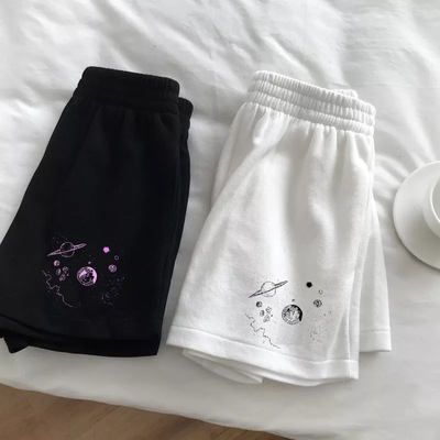 Cute black white sky star moon planet embroidery casual sport shorts cycling running gym high waist e-girl kawaii korean japanese harajuku streetwear