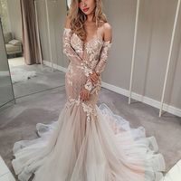 Stunning Mermaid Off the Shoulder Long Sleeve Tulle Lace Wedding Dresses - Thumbnail 1