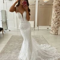Mermaid V Neck White Lace Wedding Dress Bride Dress 2021 - Thumbnail 1