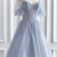 Blue Tulle Long A Line Prom Gown Formal Dress - Thumbnail 4