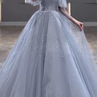 Blue Tulle Long A Line Prom Gown Formal Dress - Thumbnail 5