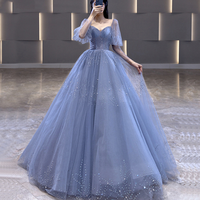 Blue tulle long a line prom gown formal dress - Thumbnail 4