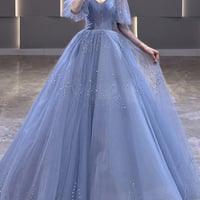 Blue Tulle Long A Line Prom Gown Formal Dress - Thumbnail 1