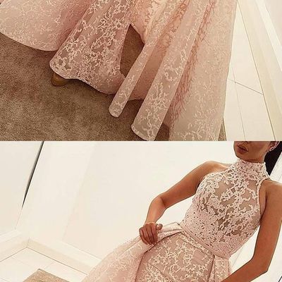 Mermaid high neck court train detachable champagne lace prom dress,895