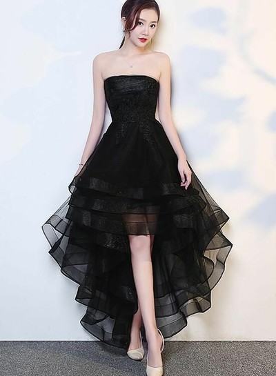 Black High Low Tulle Modest Short Prom Dress,Sexy Cocktail Homecoming Dress,Charming Party Dress,897