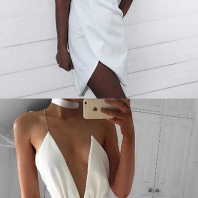 Hot sexy asymmetrical deep v-neck white short homecoming dress with backless,898