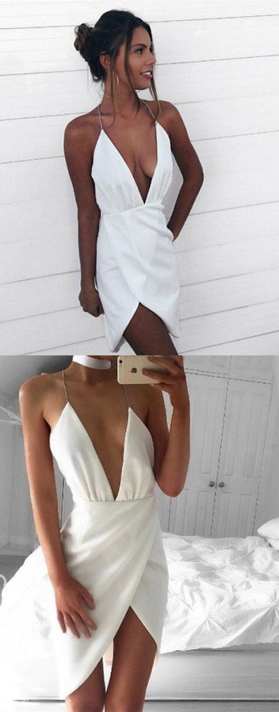 Hot Sexy Asymmetrical Deep V-Neck White Short Homecoming Dress with Backless,898