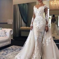 Long Sleeve Boat Neck Lace Wedding Dresses - Thumbnail 1