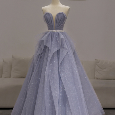 Purple tulle long prom gown a line evening dress - Thumbnail 3