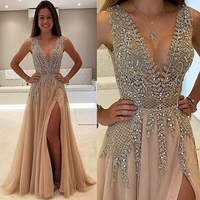 Amazing champagne v neck long prom dress,champagne evening dresses,154 - Thumbnail 1