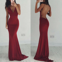 Red prom dress,sexy V-neck backless long prom dresses,simple evening dress,156 - Thumbnail 2