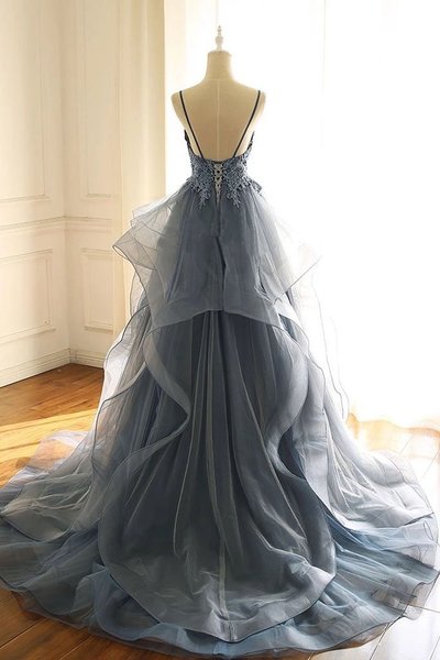 Blue Gray Tulle V Neck Long Ruffles Prom Dress,Lace Evening Dress,161