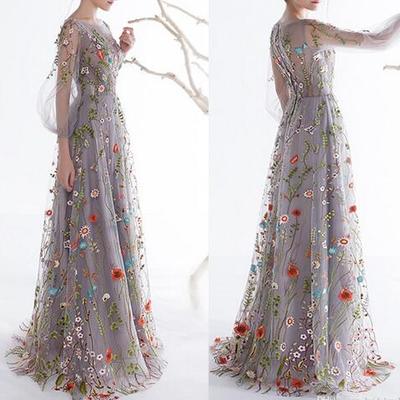 Long sleeves prom dresses 2021 trendy floral embroidery a-line evening dresses formal party gowns pageant dress,171 - Thumbnail 4