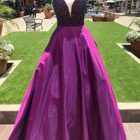 Prom Dress 2021 with Pockets,Long Homecoming Dress, Back to Schoold Party Gown,Purple with Beads Prom Dresses,180 - Thumbnail 1