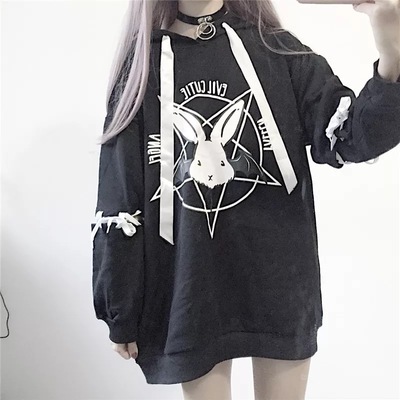 Cute rabbit evil pentagon lace up long sleeve hoodie oversize sweater sweatshirt pullover jumper e-girl kawaii korean japanese harajuku streetwear - Thumbnail 5