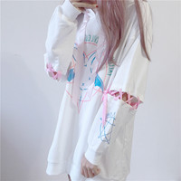 Cute Rabbit Evil Pentagon Lace Up Long Sleeve Hoodie Oversize Sweater Sweatshirt Pullover Jumper E-Girl Kawaii Korean Japanese Harajuku Streetwear - Thumbnail 2