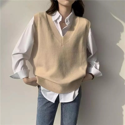 Cute solid simple v neck knit vest sleeveless oversized loose sweater sweatshirt pullover jumper  e-girl kawaii korean japanese harajuku streetwear - Thumbnail 4